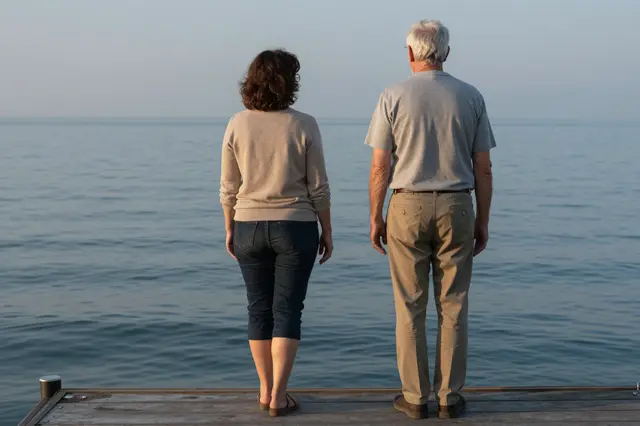 Seen from behind, a mature couple stands side by side on a pier overlooking calm water at dusk.