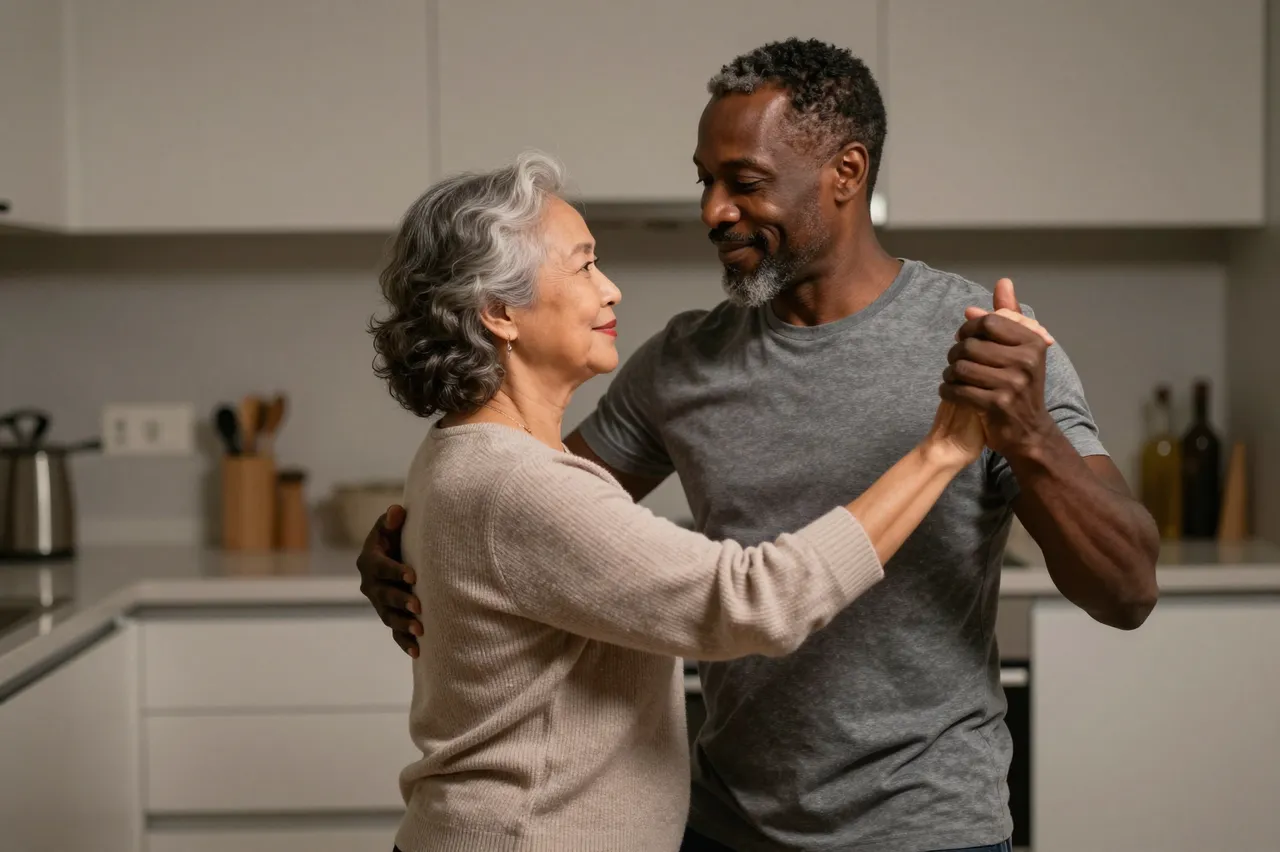 An older interracial couple slow dance together in a modern home kitchen at night, smiling gently at one another.