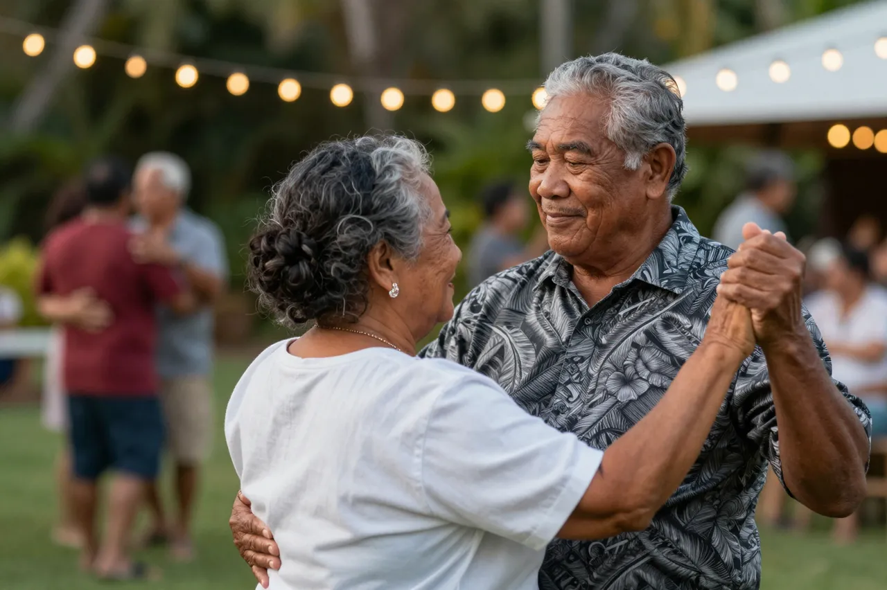 Elderly Pacific Islander couple slow dance at an outdoor garden party under warm string lights