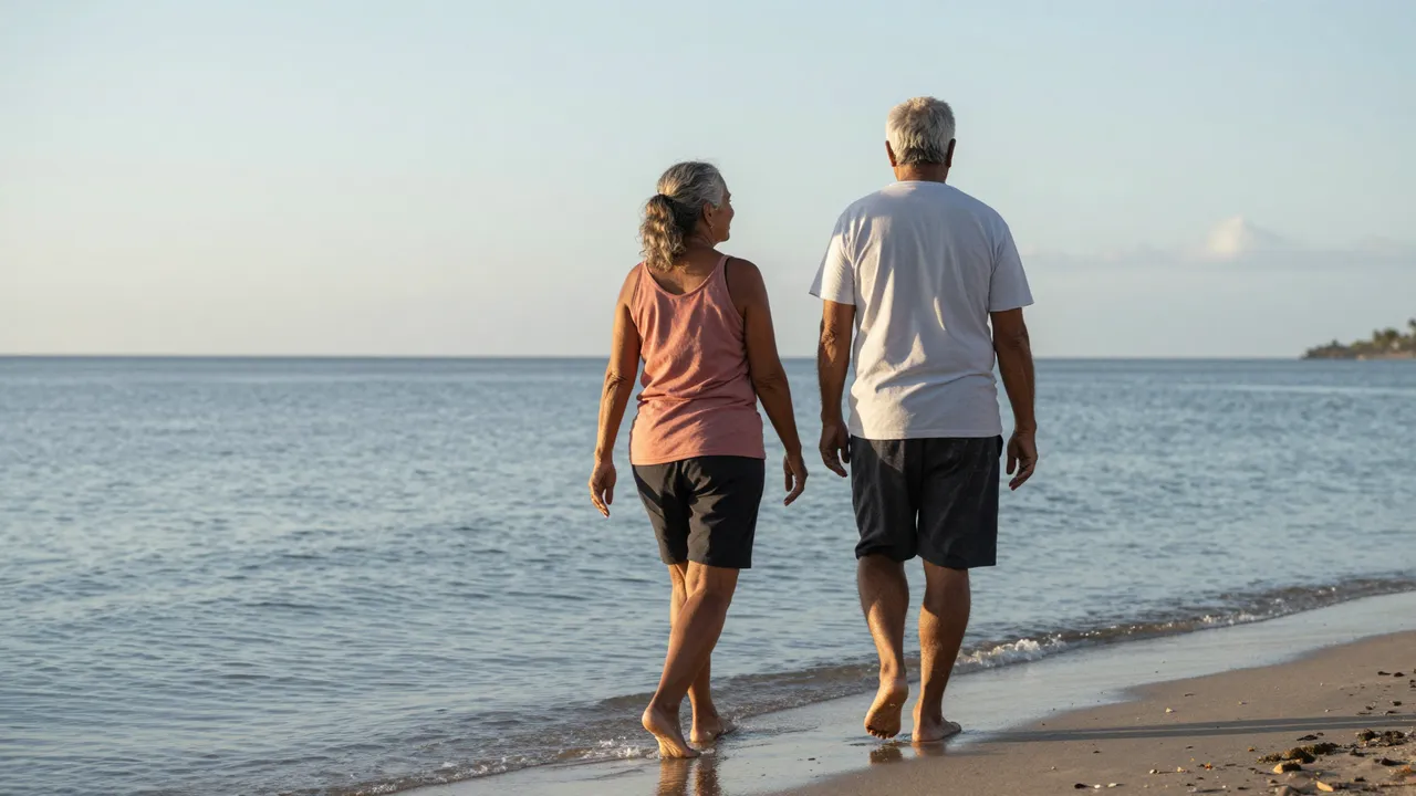 Two barefoot older adults walk side by side along a calm beach shoreline at sunrise, viewed from behind