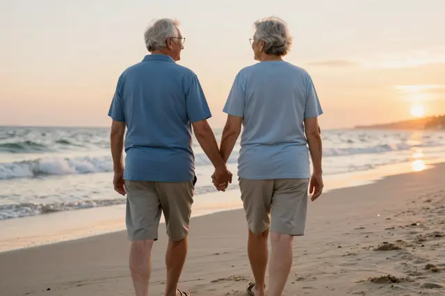 Back view of an older couple holding hands while walking along a sandy ocean beach at golden sunset