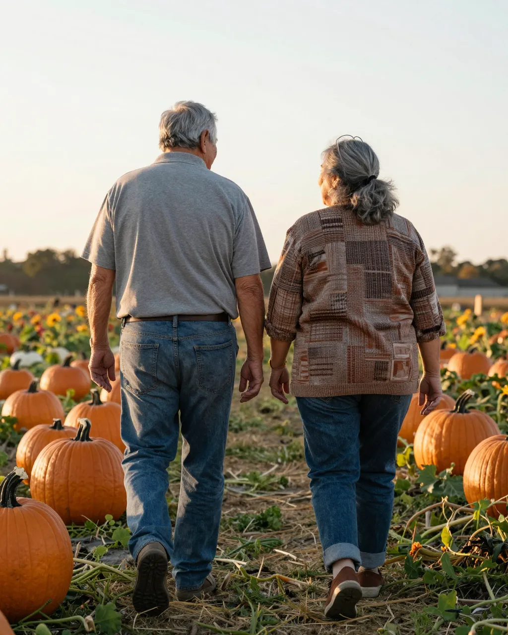Back view of an older couple walking side by side through a pumpkin patch at warm sunset