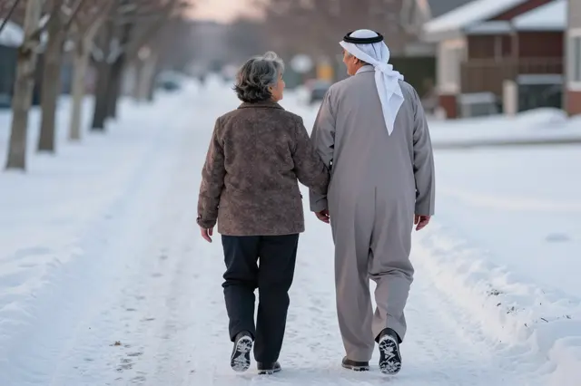 An older intercultural couple walks arm in arm down a snow-covered residential street at dusk.