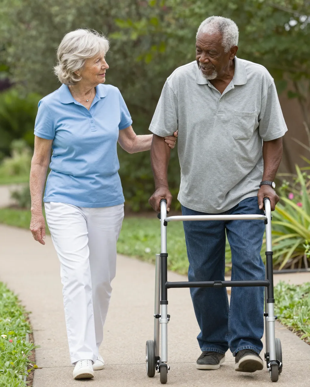 An older woman walks beside an older man using a wheeled rollator on a garden paved path