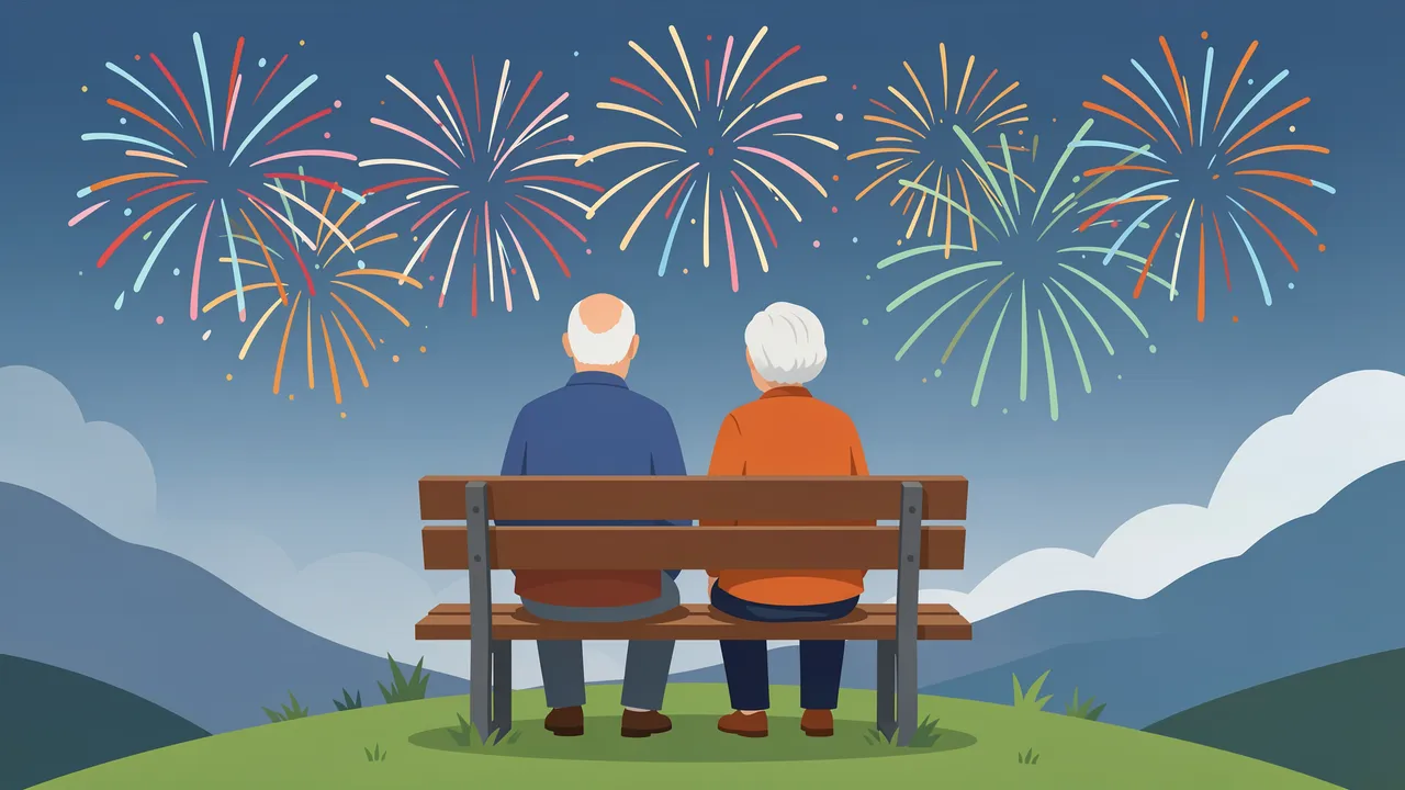 Back view of an older couple sitting on a hilltop bench watching bright fireworks in the evening sky