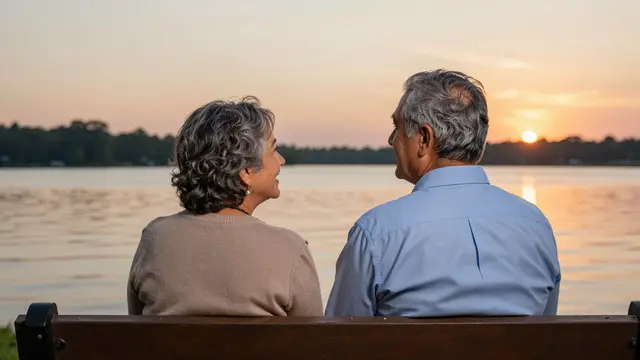 Rear view of an older couple sitting on a bench, looking at each other while watching the sunset over a calm lake.