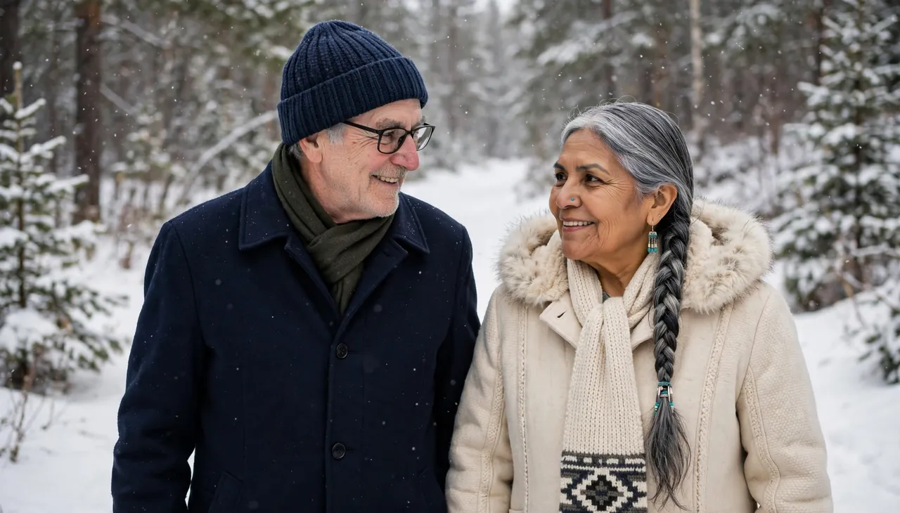 A senior man and woman in warm winter coats smile at each other while standing on a snowy forest path during a light snowfall