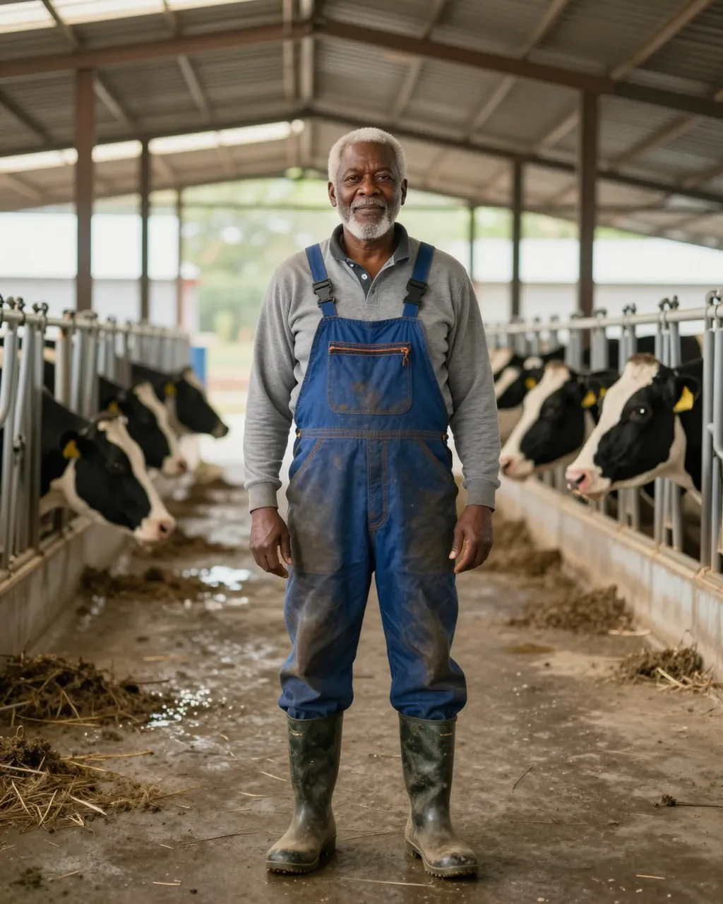 Older Black dairy farmer in overalls and rubber boots stands between Holstein cows in a sunlit milking parlor