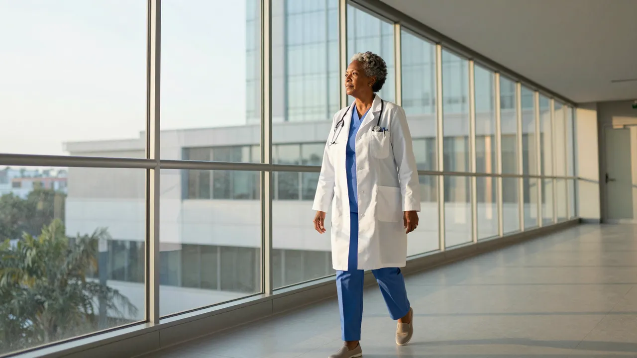 Older Black woman doctor walks along a glass hospital walkway during soft sunrise light