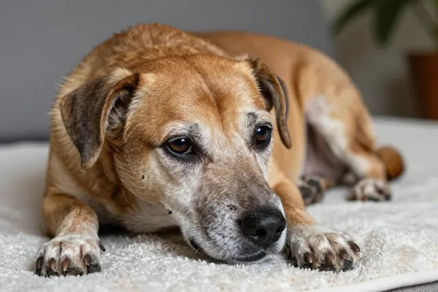 An old tan dog with a gray muzzle rests calmly on a fluffy white blanket indoors