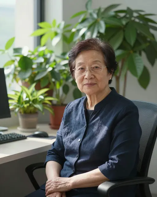 Elderly East Asian woman sits in a sunlit office chair surrounded by potted houseplants