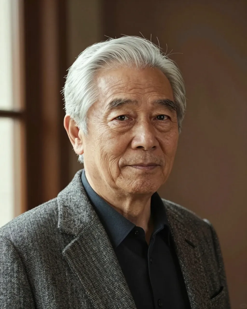 Warm lit headshot of an elderly East Asian man with white hair in a tweed jacket