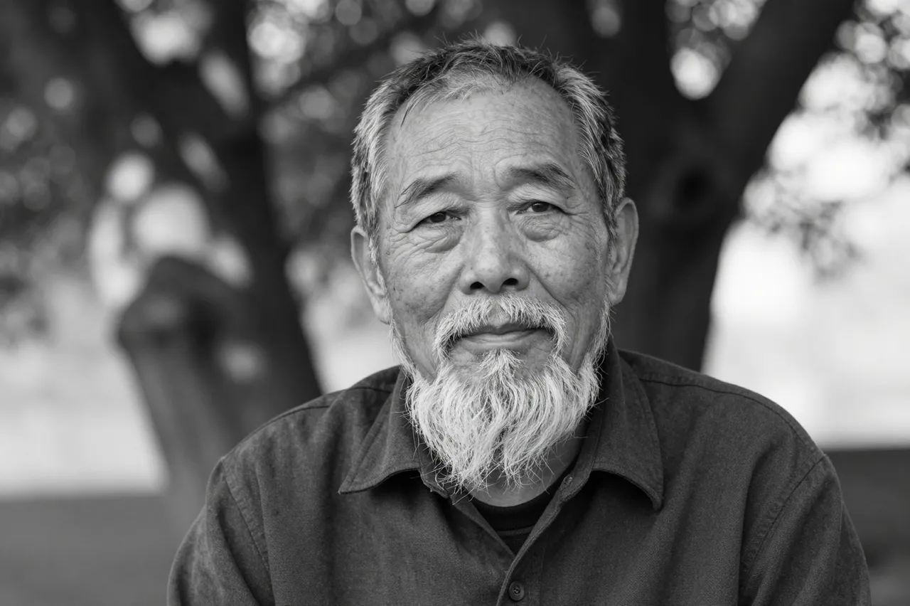 Black and white close-up portrait of an elderly East Asian man with a wispy white beard seated under a tree in dappled light