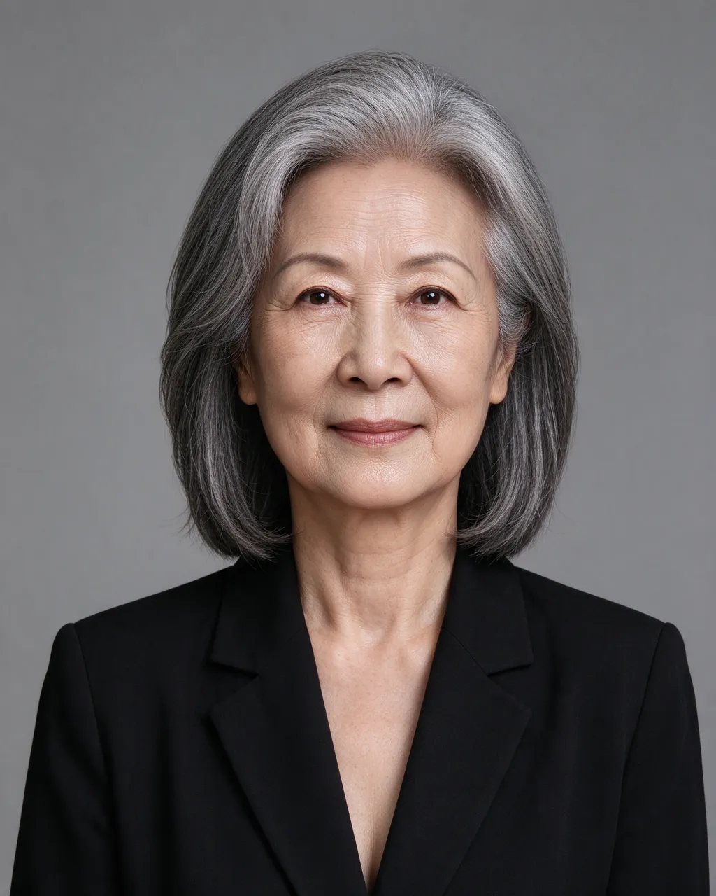 Studio portrait of a calm older East Asian woman with grey hair wearing a black blazer against a plain grey backdrop