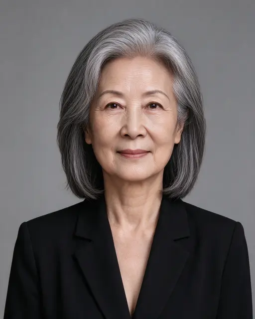 Studio portrait of a calm older East Asian woman with grey hair wearing a black blazer against a plain grey backdrop