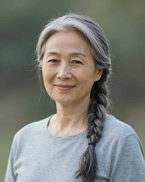 Outdoor portrait of a sixties East Asian woman with a long gray braid and soft smile