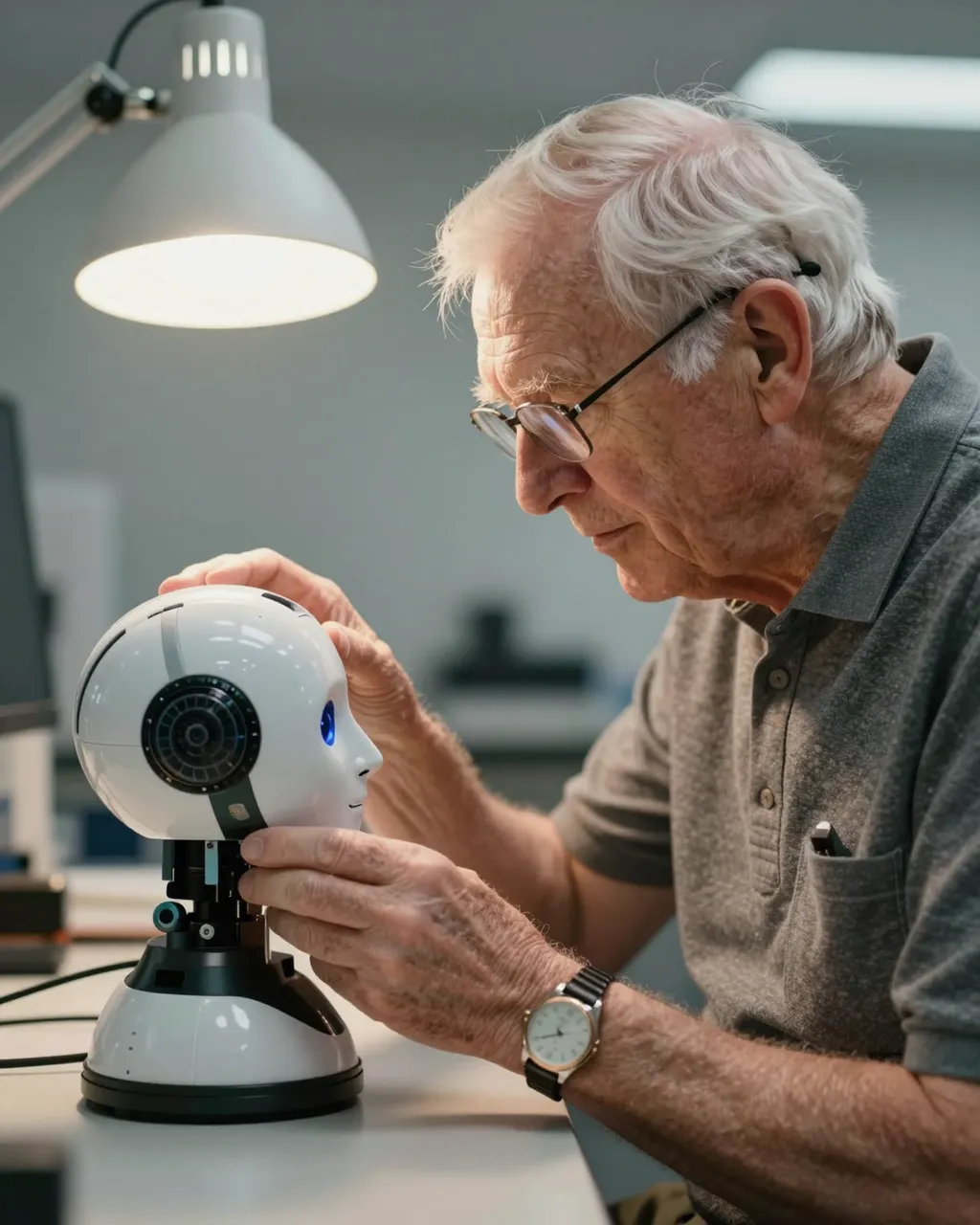 Elderly man with a hearing aid examines a small humanoid robot head under a warm desk lamp at a workbench