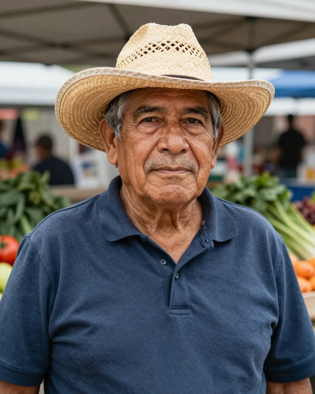 Portrait of a senior Latino man in a straw hat standing at an outdoor summer farmers market