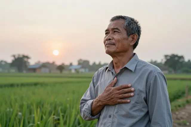 Older Southeast Asian man rests his hand on his chest while looking out over his farm at sunrise
