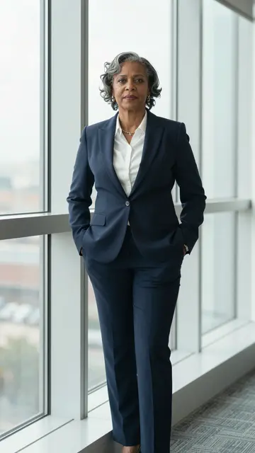A Black woman in her sixties in a navy business suit stands with hands in pockets next to a tall office window