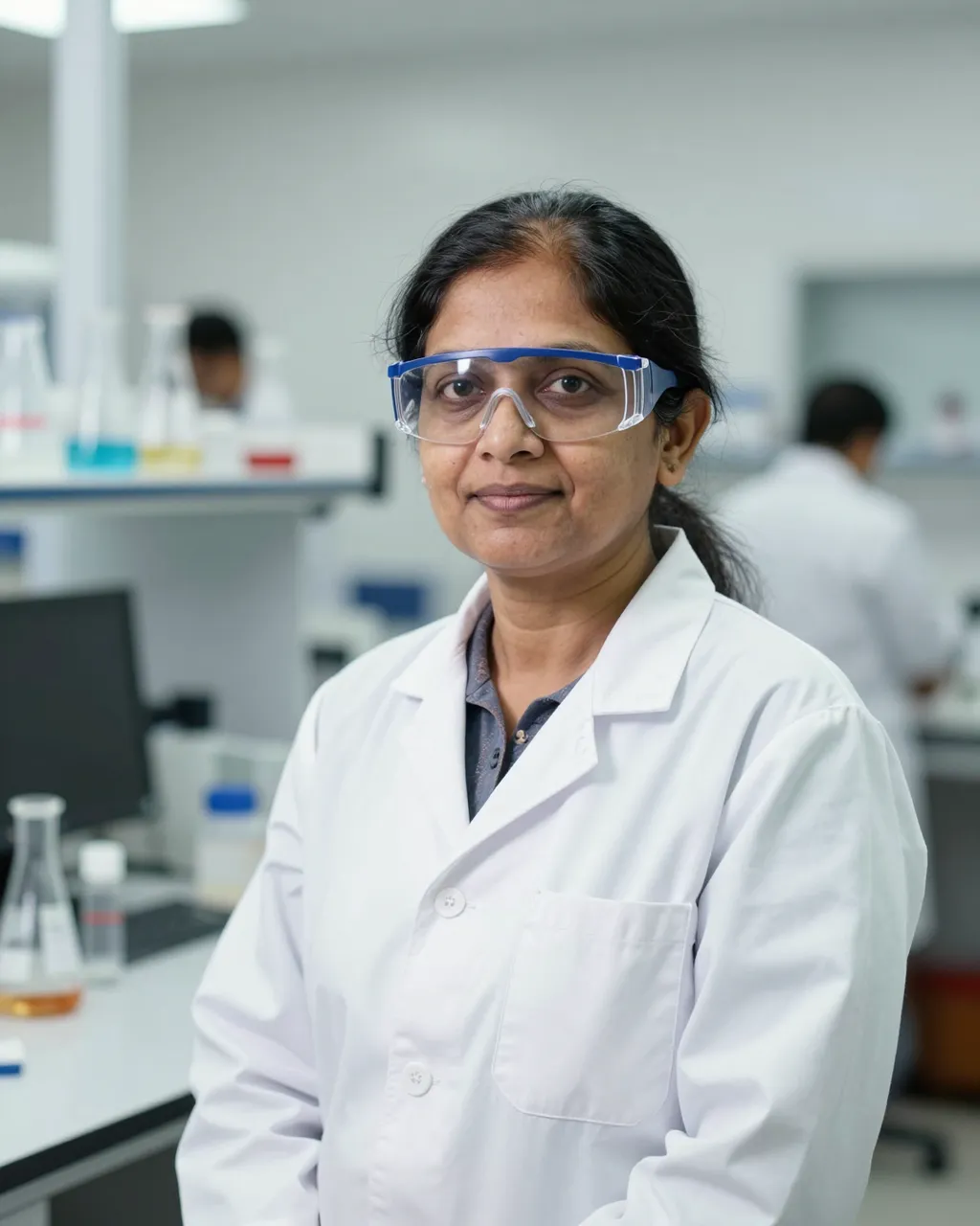 A South Asian woman in a lab coat and safety glasses looks at the camera in a bright modern laboratory.