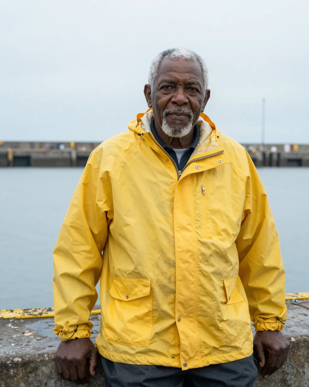 Older Black man in a bright yellow rain jacket leans on a concrete harbor wall under overcast skies