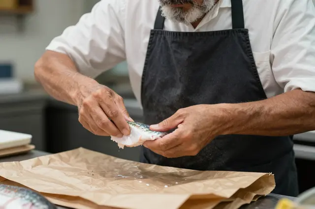 Older bearded fishmonger holds a fish fillet over brown wrapping paper at a shop counter