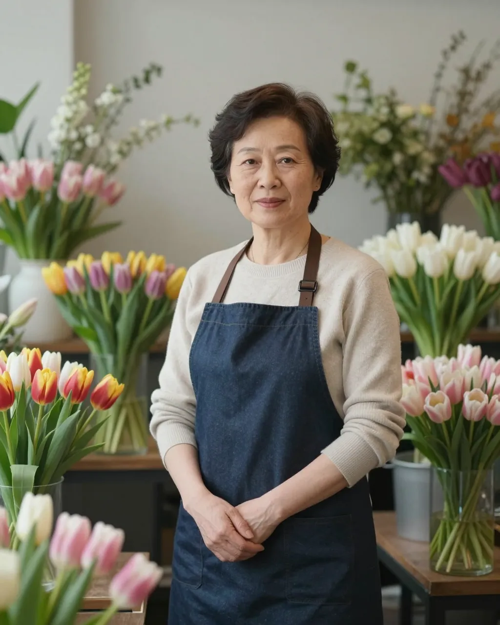 Portrait of a senior East Asian florist standing among buckets of fresh tulips in a softly lit flower shop.