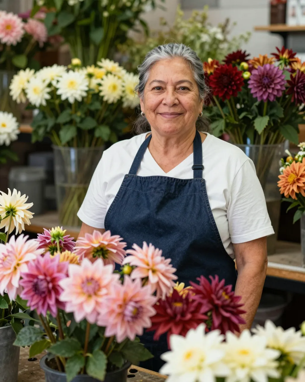 Smiling older Latina flower shop owner stands surrounded by buckets and arrangements of colorful dahlias in her shop