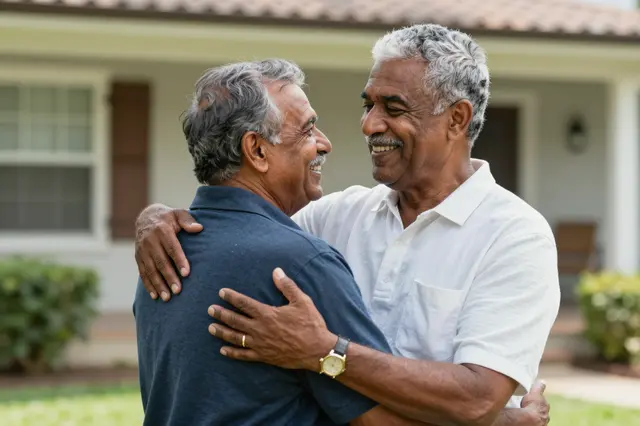 Two smiling senior men embrace warmly while standing in a sunny residential front yard.