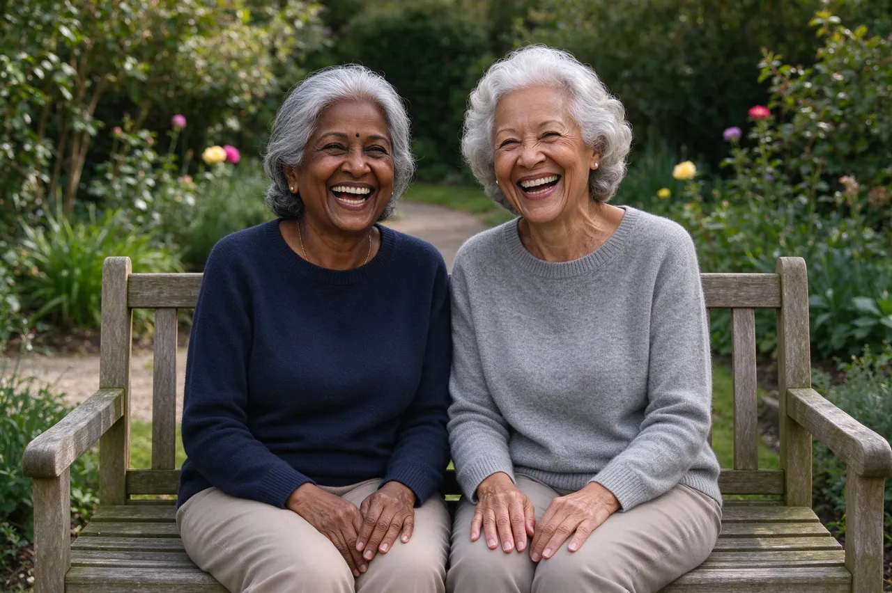 Two senior women sit side by side on a wooden garden bench laughing warmly.