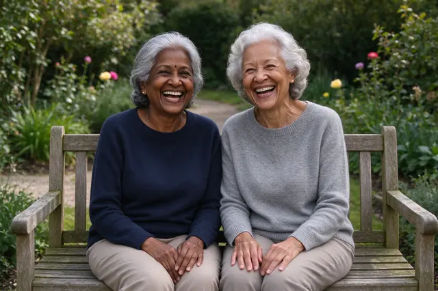 Two senior women sit side by side on a wooden garden bench laughing warmly.