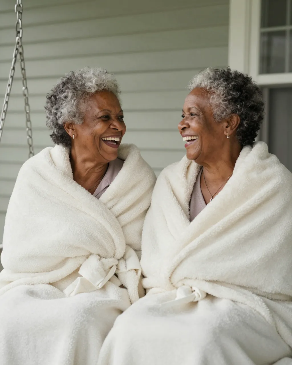 Two elderly Black women wrapped in a shared fuzzy blanket laugh together while sitting on a porch swing