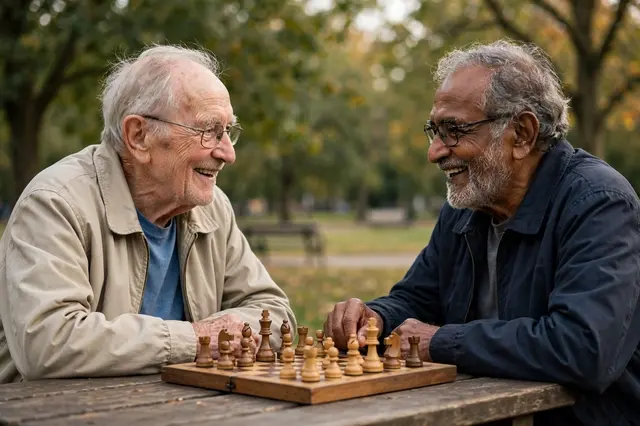 Two elderly men smile at each other while playing chess at a wooden park table