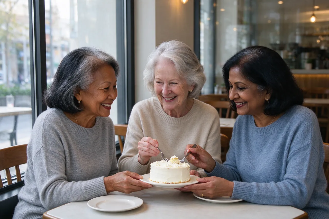 Three senior women in plain sweaters laugh together while sharing a frosted cake at a cafe window seat.