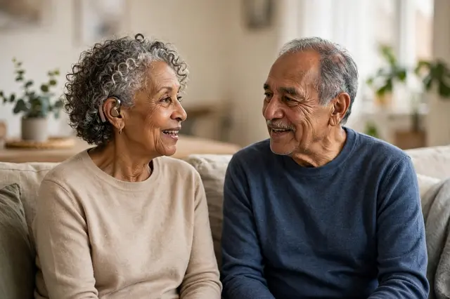 Two smiling senior adults converse while seated together on a cozy living room sofa