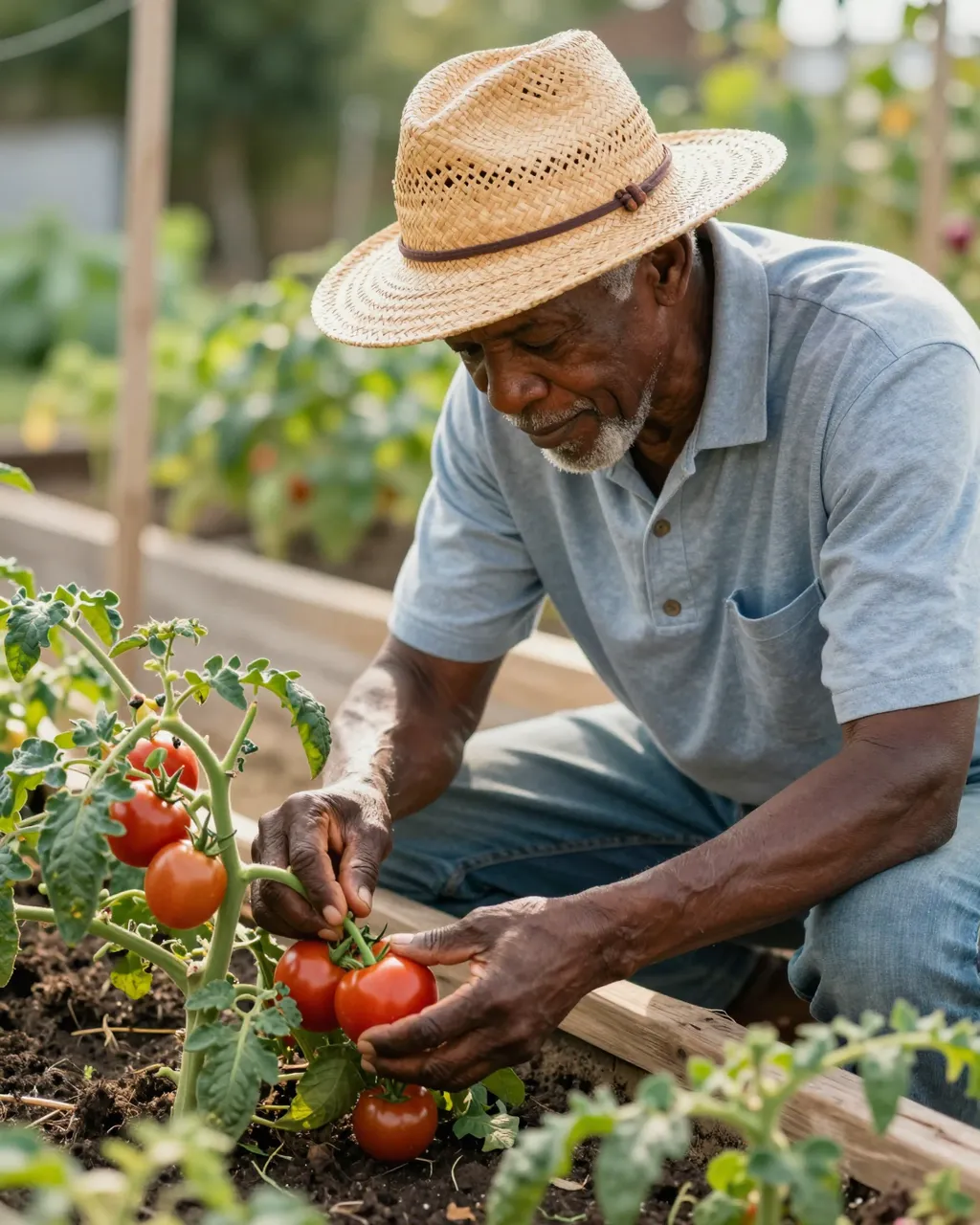 Elderly Black man in a straw hat harvests ripe tomatoes from a raised garden bed in warm afternoon light