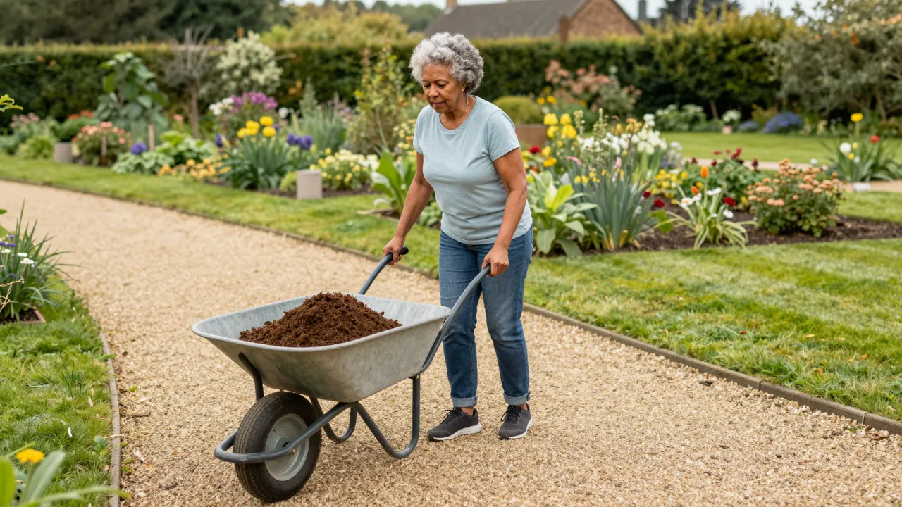 Mixed-race woman in her sixties pushes a compost-filled wheelbarrow along a gravel estate garden path