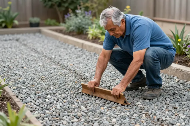 Older Latino man crouches to smooth gravel in a residential stone garden with a wooden tool