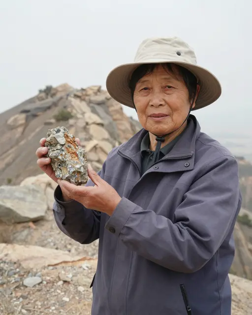 An older East Asian woman wearing a sun hat holds a mineral rock sample on a rocky mountain ridge