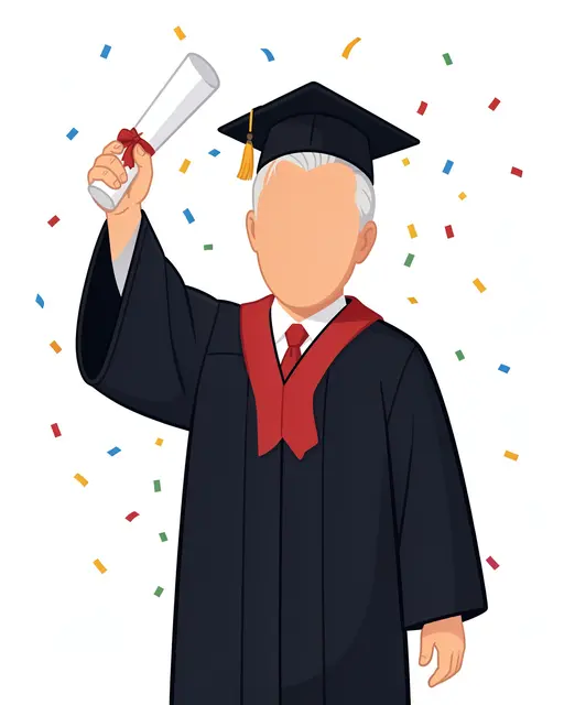 Faceless older man in graduation cap and gown holds up a rolled diploma as confetti falls around him