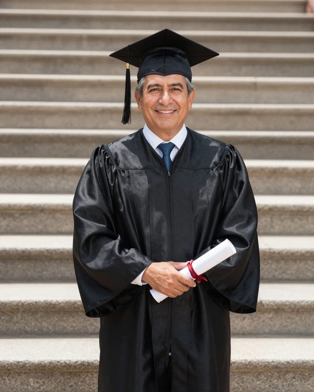 Smiling older Latino man in graduation regalia holds a diploma on sunlit stone steps
