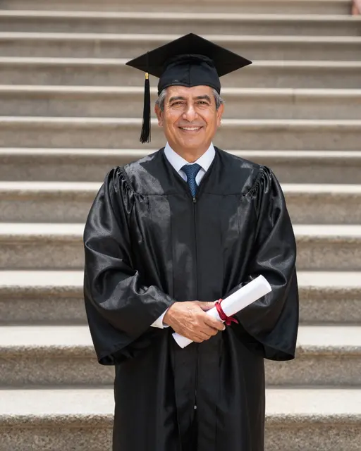 Smiling older Latino man in graduation regalia holds a diploma on sunlit stone steps