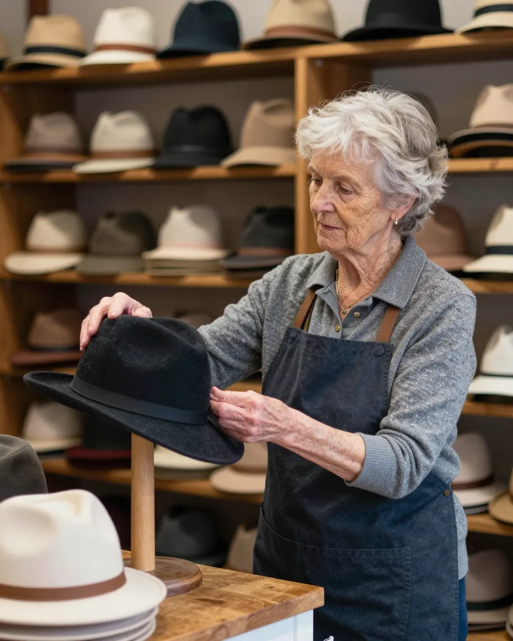 Elderly female hat shop owner arranges a black felt hat on a wooden display stand in her shop.