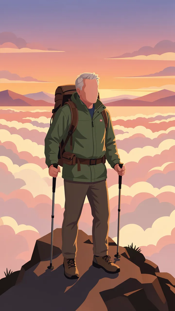 Faceless hiker in his fifties stands on a rocky peak above a sea of clouds at dawn