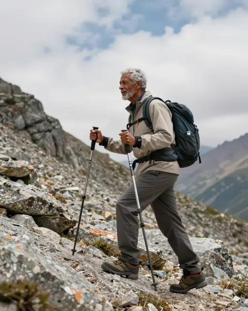 Side view of a mixed-race senior hiker using trekking poles to ascend a rocky high mountain pass under cloudy skies