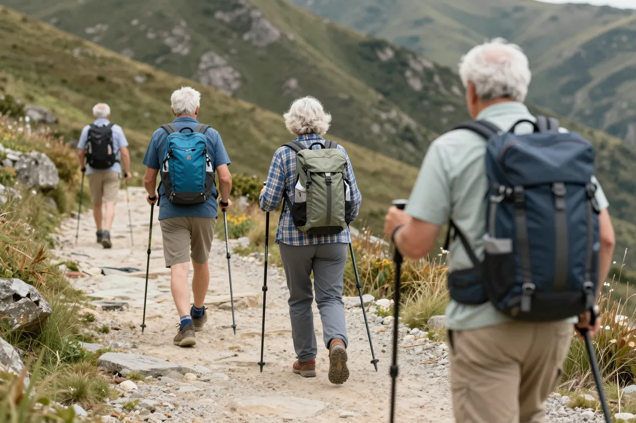 Group of senior hikers viewed from behind walk along a rocky alpine trail with trekking poles and backpacks