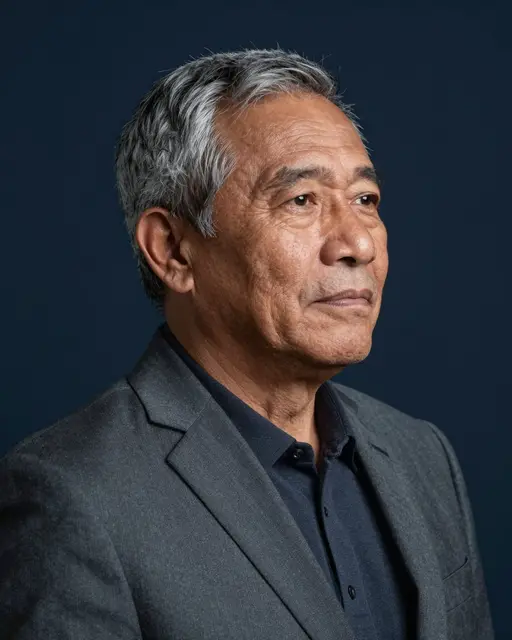 Studio headshot of an older Indigenous man with gray hair in a charcoal suit against a navy backdrop