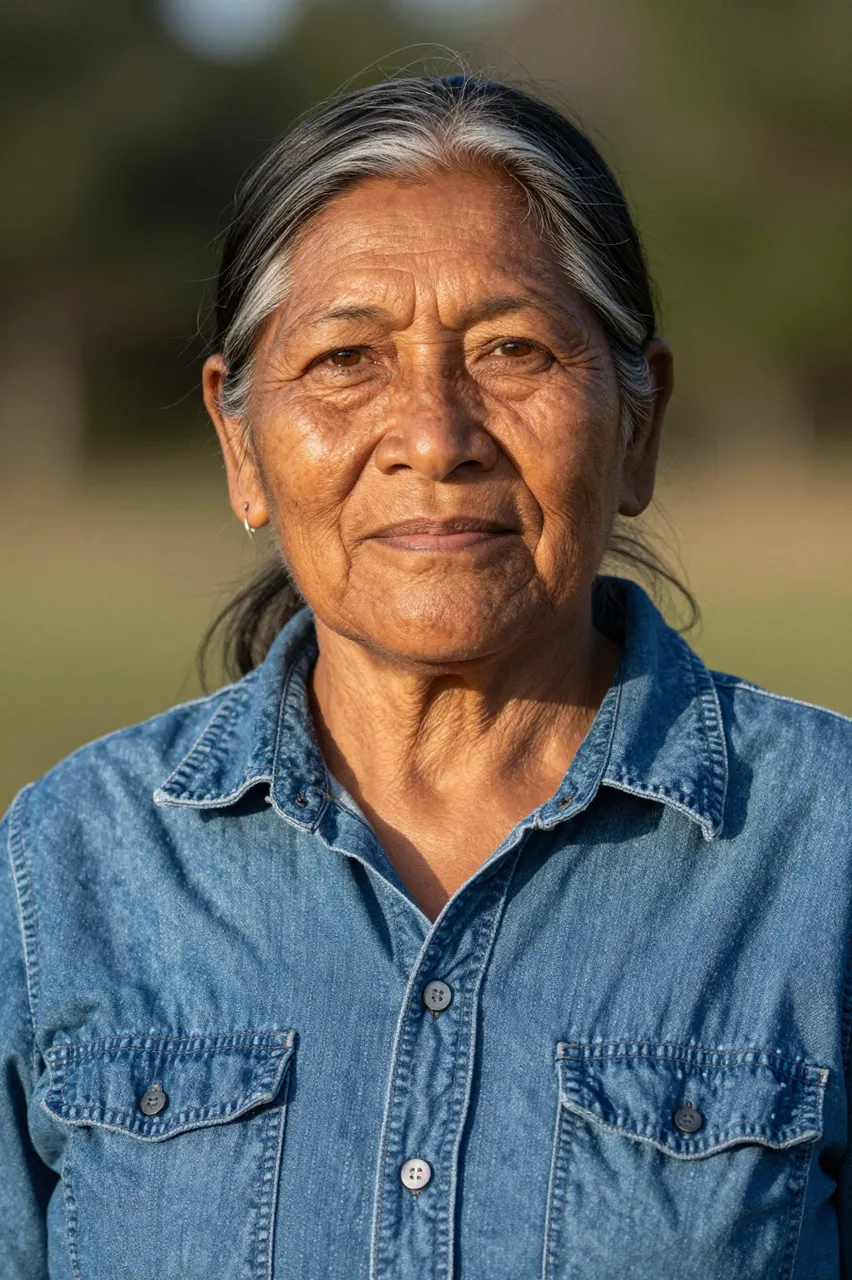 Close-up portrait of a senior Indigenous woman in a denim shirt lit by warm golden hour light outdoors