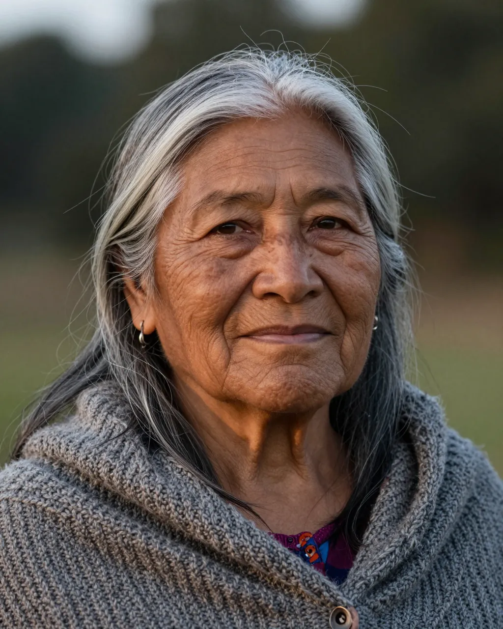 Close-up portrait of an elderly Indigenous woman with long silver hair wearing a knitted shawl, lit by warm evening light
